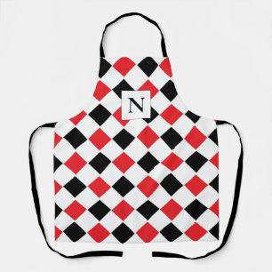 Delantal Monograma de Patrón Argyle Negro y Rojo