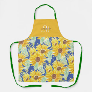 Delantal Monograma de Patrón de Girasol de Acuarela Rústica
