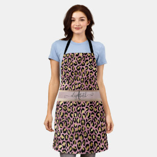 Delantal Monograma de Patrón de Leopardo Rosa Dorado Negro