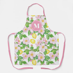Delantal Monograma de Patrón de Limón Floral Rosa