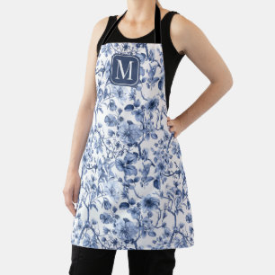 Delantal Monograma de Patrón de Toile Vintage Floral Azul