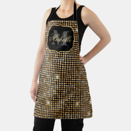 Delantal Monograma de puntos glam metálico negro y dorado