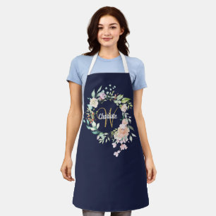 Delantal Monograma de rosas florales en guión dorado azul m
