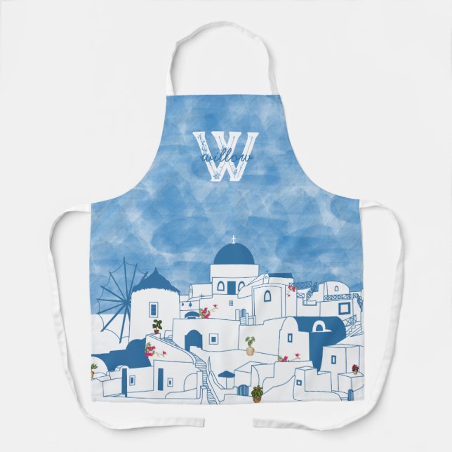 Delantal Monograma de Santorini Grecia azul y blanco (Anverso)