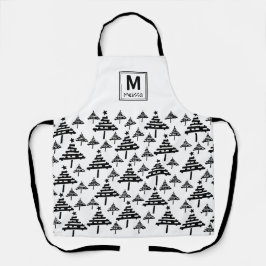 Delantal Monograma del patrón de árbol de Navidad blanco y 