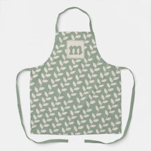Delantal Monograma del patrón de hoja retro de Sage Green 7