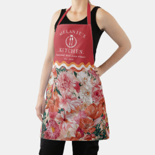 Delantal Monograma del patrón floral rosado naranja