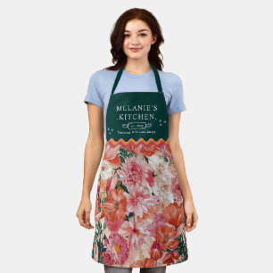 Delantal Monograma del patrón floral rosado naranja