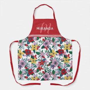 Delantal Monograma del patrón floral rosado rosado del rojo