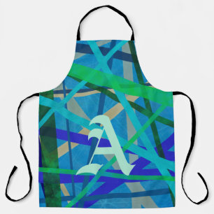 Delantal Monograma del patrón geométrico azul y verde