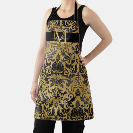 Delantal Monograma elegante de moda negro y dorado personal