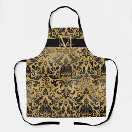 Delantal Monograma elegante de moda negro y dorado personal