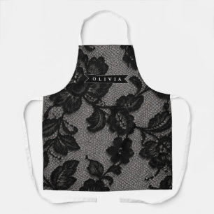 Delantal Monograma elegante floral de encaje negro personal