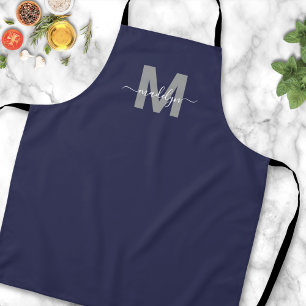 Delantal Monograma Elegante Minimalista Moderno Azul Marino