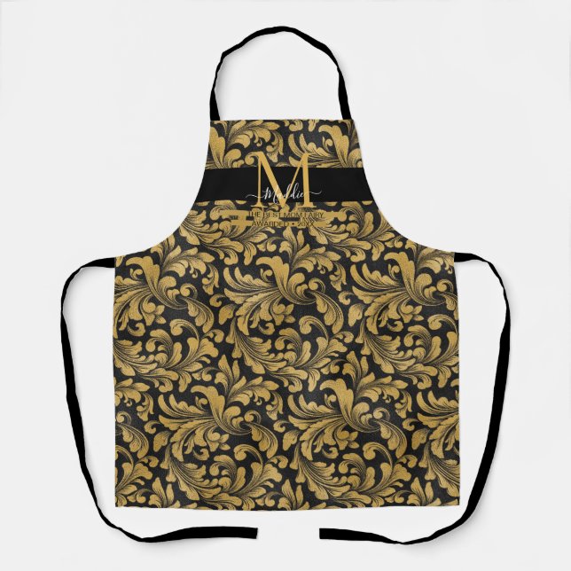 Delantal Monograma elegante personalizado de glam negro y d (Anverso)