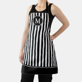 Delantal Monograma Elegante Rayado de Negro y Blanco