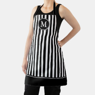 Delantal Monograma Elegante Rayado de Negro y Blanco