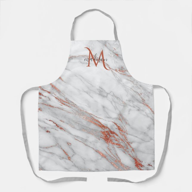 Delantal Monograma elegante Rosa de cobre blanco de mármol (Anverso)