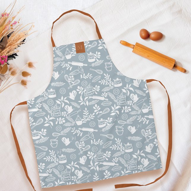 Delantal Monograma Estilo País Floral Patrón de hormigón Az (Monogram Country Style Floral Baking Pattern Blue Apron)