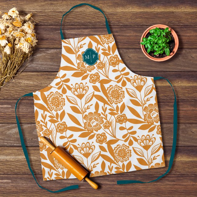 Delantal Monograma Estilo País Negrita Patrón Floral Amaril (Monogram Country Style Bold FloralPattern Yellow Apron)