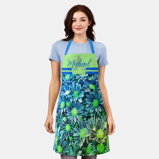 Delantal Monograma Floral Azul Apron - Elegante Regalo De H (Gastado)