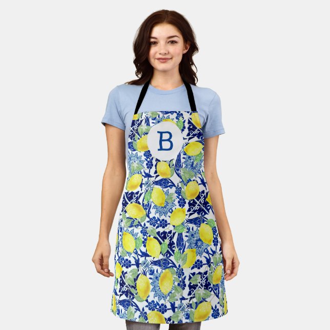 Delantal Monograma Floral Azul y Lemones de granja (Gastado)
