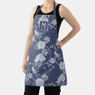 Delantal Monograma floral de Chinoiserie azul