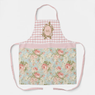 Delantal Monograma Floral de Rosas Rosadas Vintage Shabby C