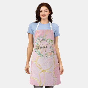 Delantal Monograma Floral Guión Dorado Geoda Agata Rosa