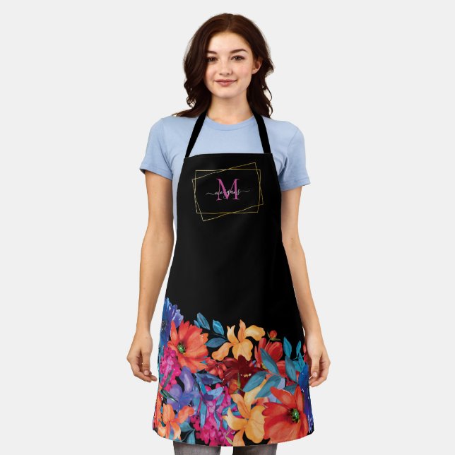 Delantal Monograma floral moderno negro (Gastado)