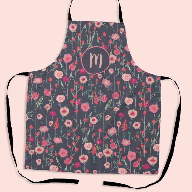 Delantal Monograma Floral oscuro (Boho floral pink and charcoal gray personalized monogram apron)
