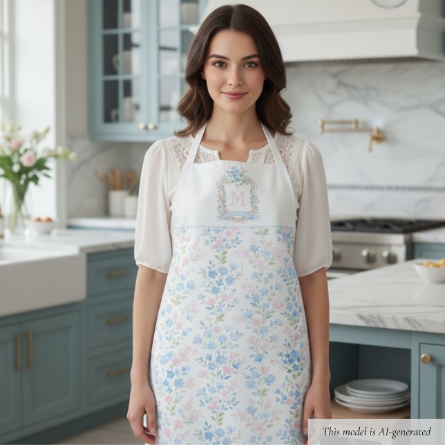 Delantal Monograma Floral Personalizada (elegant preppy grandmillennial pink blue floral pattern apron with family crest and custom initial )