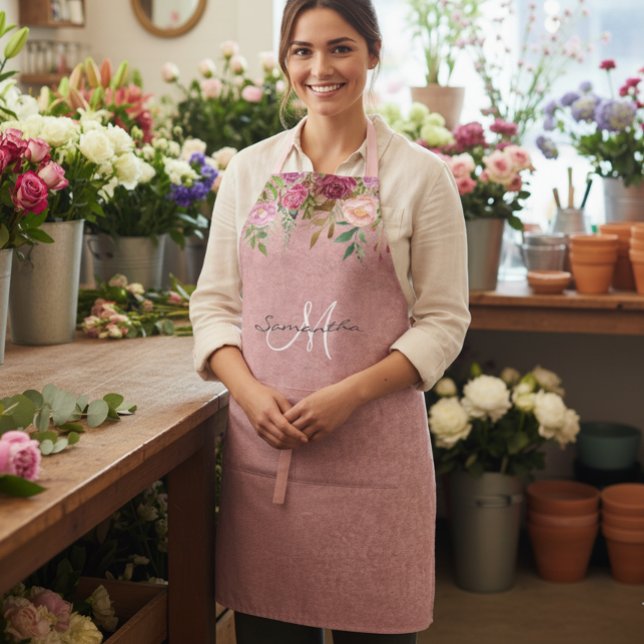 Delantal Monograma Floral Rosa Bonito (Subido por el creador)