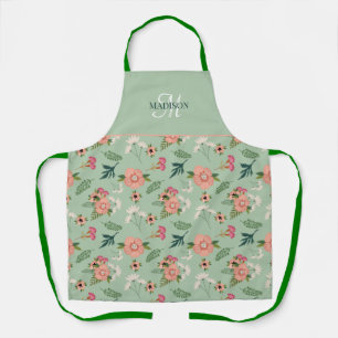 Delantal Monograma floral rosado moderno bonito
