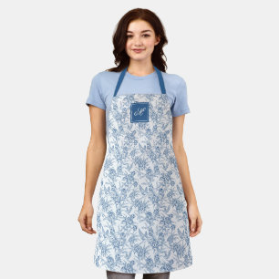 Delantal Monograma francés azul vintage floral Toile de Jou