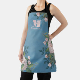 Delantal Monograma Frasco Vintage Rosa Rosa Floral Azul