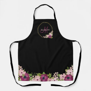 Delantal Monograma geométrico floral rosado de Rubor negro