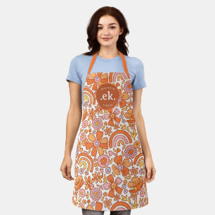 Delantal Monograma Groovy Retro Naranja Florals