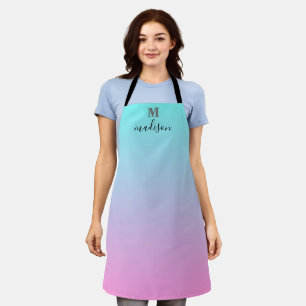 Delantal Monograma moderno de degradado rosa azul Aqua