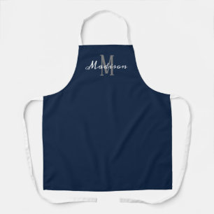 Delantal Monograma moderno de escritura blanca azul persona