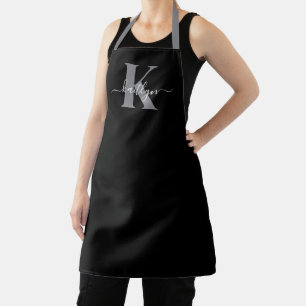 Delantal Monograma moderno de guión gris negro