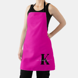 Delantal Monograma moderno de guión negro rosa caliente