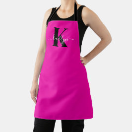 Delantal Monograma moderno de guión negro rosa caliente