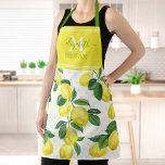 Delantal Monograma moderno de moda limón acuarela polo punt<br><div class="desc">Aquí hay una manera maravillosa de añadir a la diversión del hornear. Añade brillo extra a tus aventuras culinarias cuando usas este bonito, moda, moderno, moderno y personalizado delantal. Los limones con acuarelas y las hojas verdes, rústicas y frescas, superponen los puntos de polka amarillo claro sobre un fondo blanco....</div>