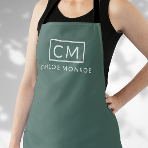 Delantal Monograma moderno Nombre Minimalista Verde