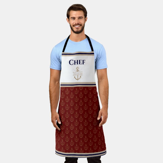 Delantal Monograma Náutico Apron Oro Azul de la Marina Roja (Gastado)