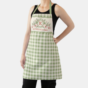 Delantal Monograma Navideño de Gingham Verde Vintage