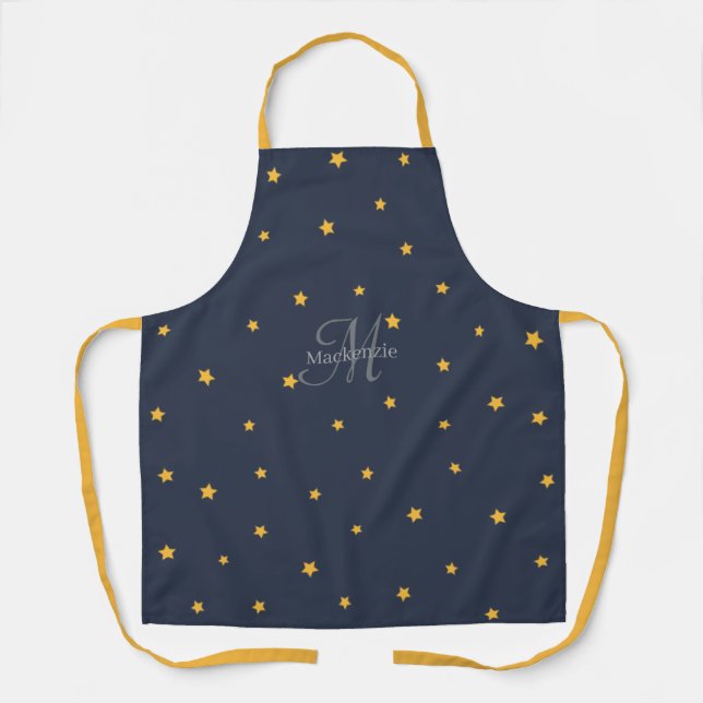 Delantal Monograma Navy Blue Gold Stars todo-over Print Apr (Anverso)