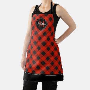 Delantal Monograma negro rojo búfalo trenzado Apron