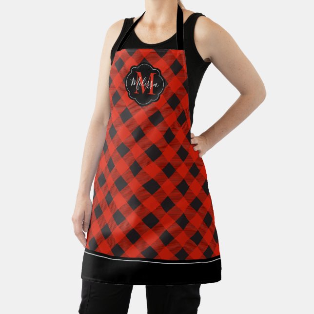 Delantal Monograma negro rojo búfalo trenzado Apron (in situ)